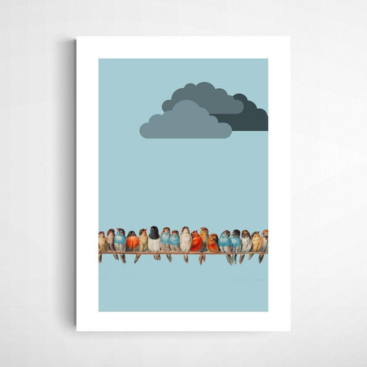 Graphic illustration of colourful birds on a blue background with clouds, waiting for it to rain. This beautiful, bright illustration will add just the right amount of color to your home!