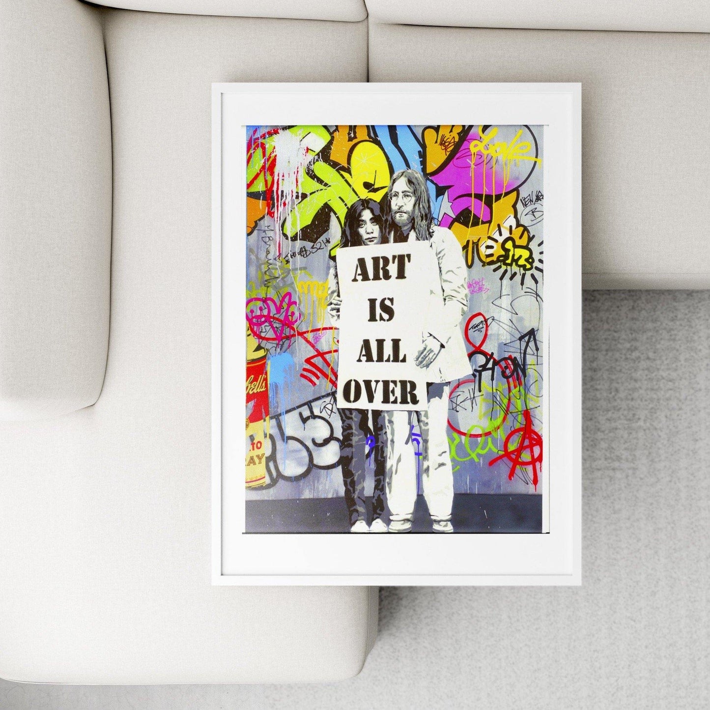 Experience a piece of history with this artwork from Yoko Ono and John Lennon.This piece, "ART Is ALL Over", was originally created in 1981 as part of the couple's "Life" exhibition. The print is a beautiful addition to any home and showcases the power of art.We love the message this print sends and believe that everyone should have a piece of art like this in their home. Order now and be one of the few to own this unique and special piece.