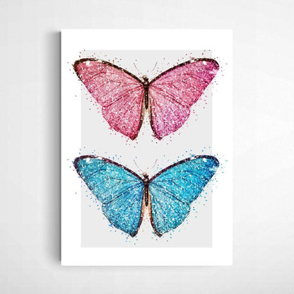 Graphic illustration of sparkling and bright pink and blue butterflies. This bold and colourful design is a perfect fit for the home of a maximalist wall Art decor.