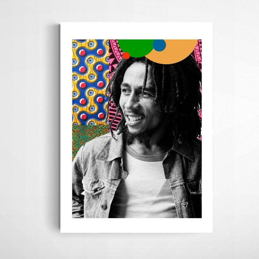 Graphic illustration of Bob Marley Print, Stunning African Fabric Collage Iconic Art poster, one the most influential Strong Jamaican singer-songwriter.