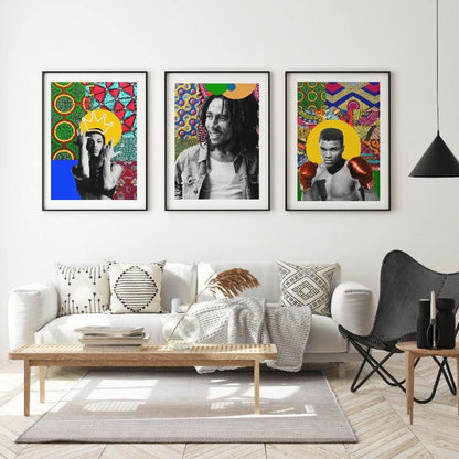 Graphic illustration of Bob Marley Print, Stunning African Fabric Collage Iconic Art poster, one the most influential Strong Jamaican singer-songwriter.