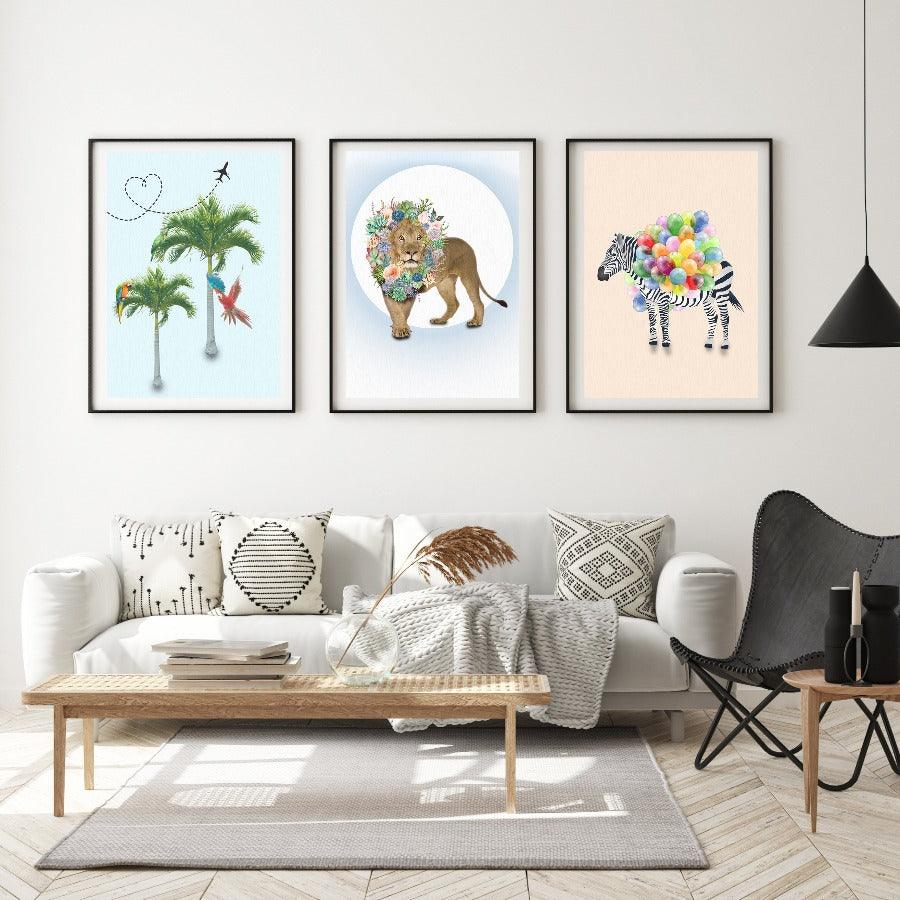 Graphic illustration of stunning zebra with black and white stripes and gorgeous colorful balloons. Background pastel color.. This bold and colourful design is a perfect fit for the home of a maximalist wall Art decor.