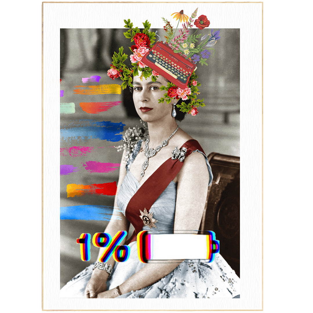 Graphic illustration of Queen Elizabeth of England, flowers in her hair, striking paintings and 1% battery. Graphic print of Queen Elizabeth of England with gorgeous flowers and an antique typewriter as a headdress. a life full of splendid colors. This bold and colourful design is a perfect fit for the home of a maximalist.