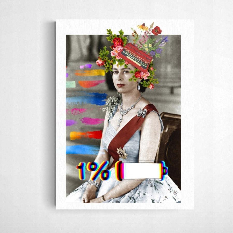 Queen Elizabeth of England with gorgeous flowers and an antique typewriter as a headdress. a life full of splendid colors.