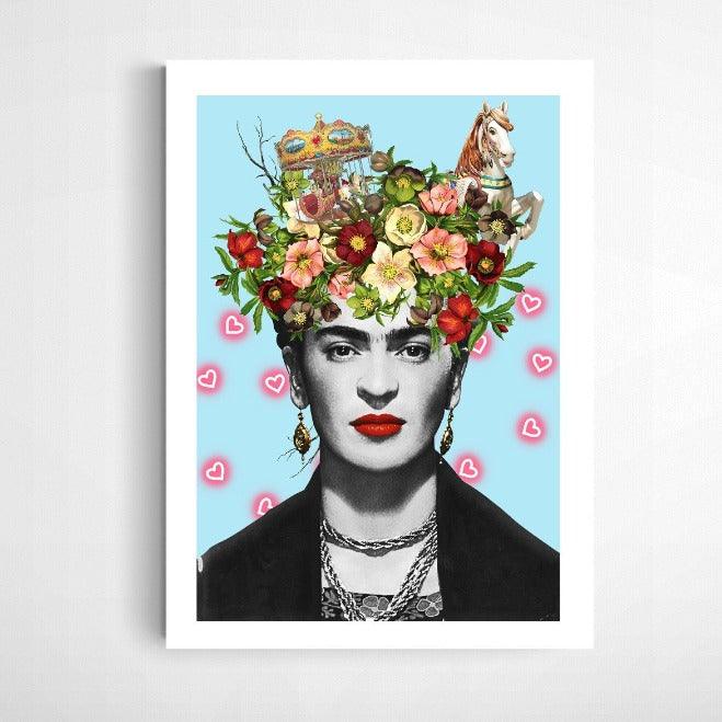 GRAPHIC FLOWERS – GRAPHIC ILLUSTRATION WITH FRIDA KAHLO COVERED IN FLOWERS AGAINST A BLUE BACKGROUND