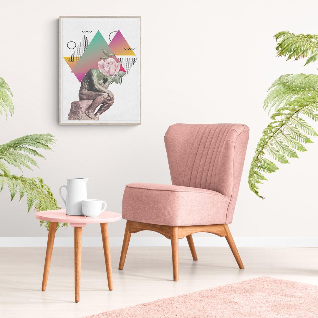 Graphic illustration of the thinker in pink. Gradients in background. This bold and colourful design is a perfect fit for the home of a maximalist. The poster is printed with a white border that nicely frames the design. Frame not included