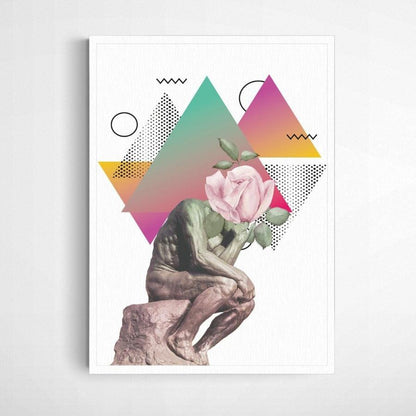 Graphic illustration of the thinker in pink. Gradients in background. This bold and colourful design is a perfect fit for the home of a maximalist. The poster is printed with a white border that nicely frames the design. Frame not included