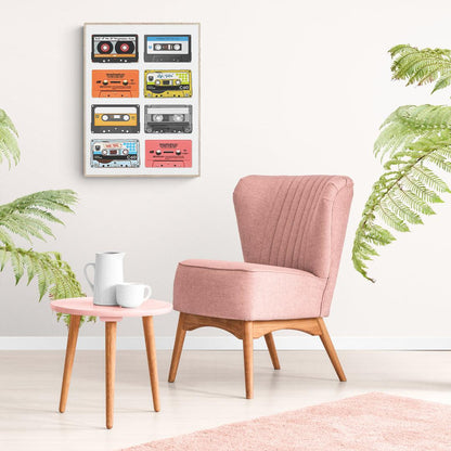Graphic illustration of colourful Old cassette tapes poster. This beautiful, bright illustration will add just the right amount of color to your home! The simple design combined with eye-catching detail makes it ideal for any room and home. The poster is printed with a white border that nicely frames the design. Frame not included