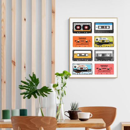 Graphic illustration of colourful Old cassette tapes poster. This beautiful, bright illustration will add just the right amount of color to your home! The simple design combined with eye-catching detail makes it ideal for any room and home. The poster is printed with a white border that nicely frames the design. Frame not included