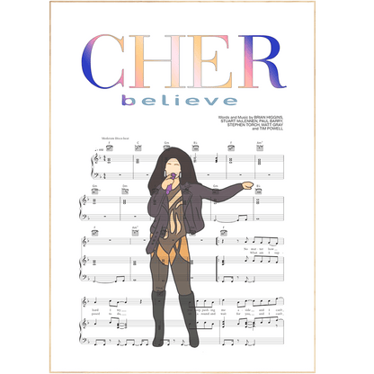Expertly crafted with museum-grade archival canvas and fade-resistant UV ink, this limited edition Cher - BELIEVE Poster is a durable, high quality wall art that is sure to last. Achieve a luxurious feel with this poster's vibrant colors and subtle texture. Enjoy gallery-style presentation of your poster with its matte, dust-resistant finish.
