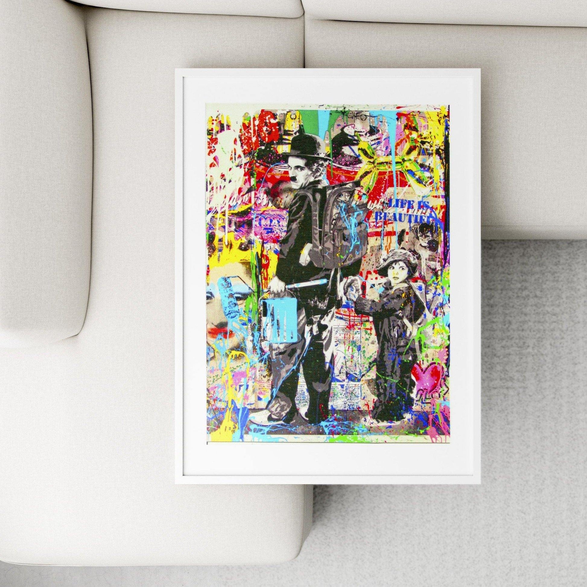 Artistic and unique, this Brainwash Charlie Chaplin The Kid Print is a must-have for any art lover. This street art print features the iconic image of Charlie Chaplin from the film The Kid. With a distressed background, this print has a vintage feel that is perfect for adding a touch of charm to any room. Whether you hang it in your living room or your office, this print is sure to make a statement. - 98types