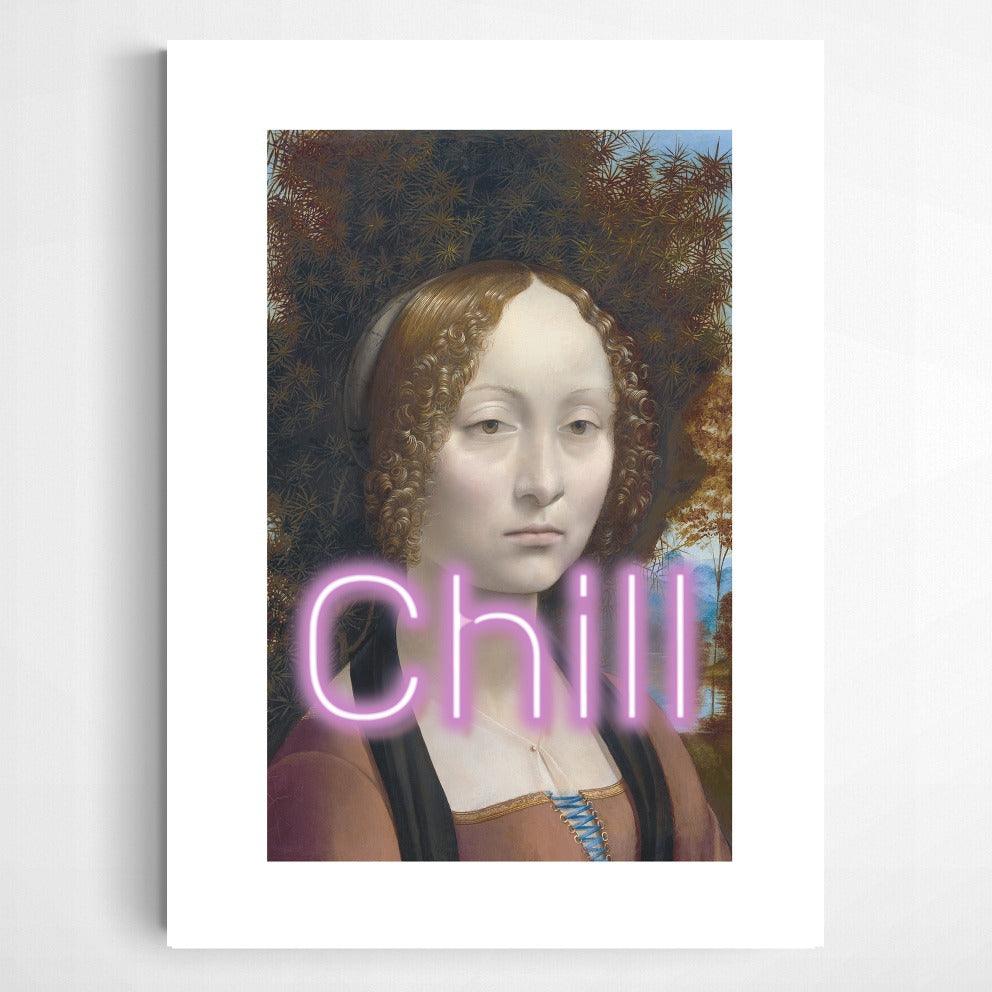 Graphic illustration of Ginevra de Benci painting by Leonardo da Vinci, just chill. Original from The National Gallery of Art. This beautiful, bright illustration will add just the right amount of color to your home!