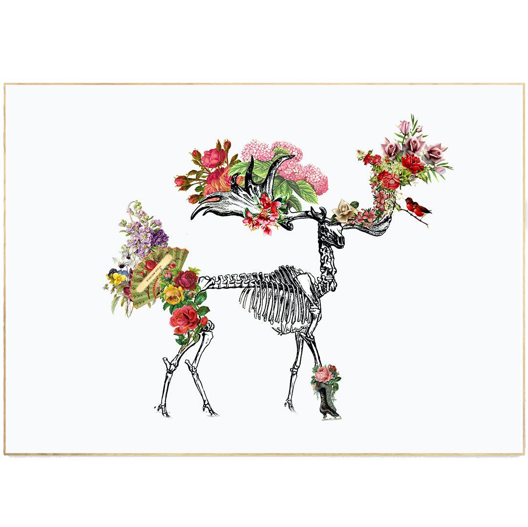 Deer Skeleton Anatomical Flowers Body Print