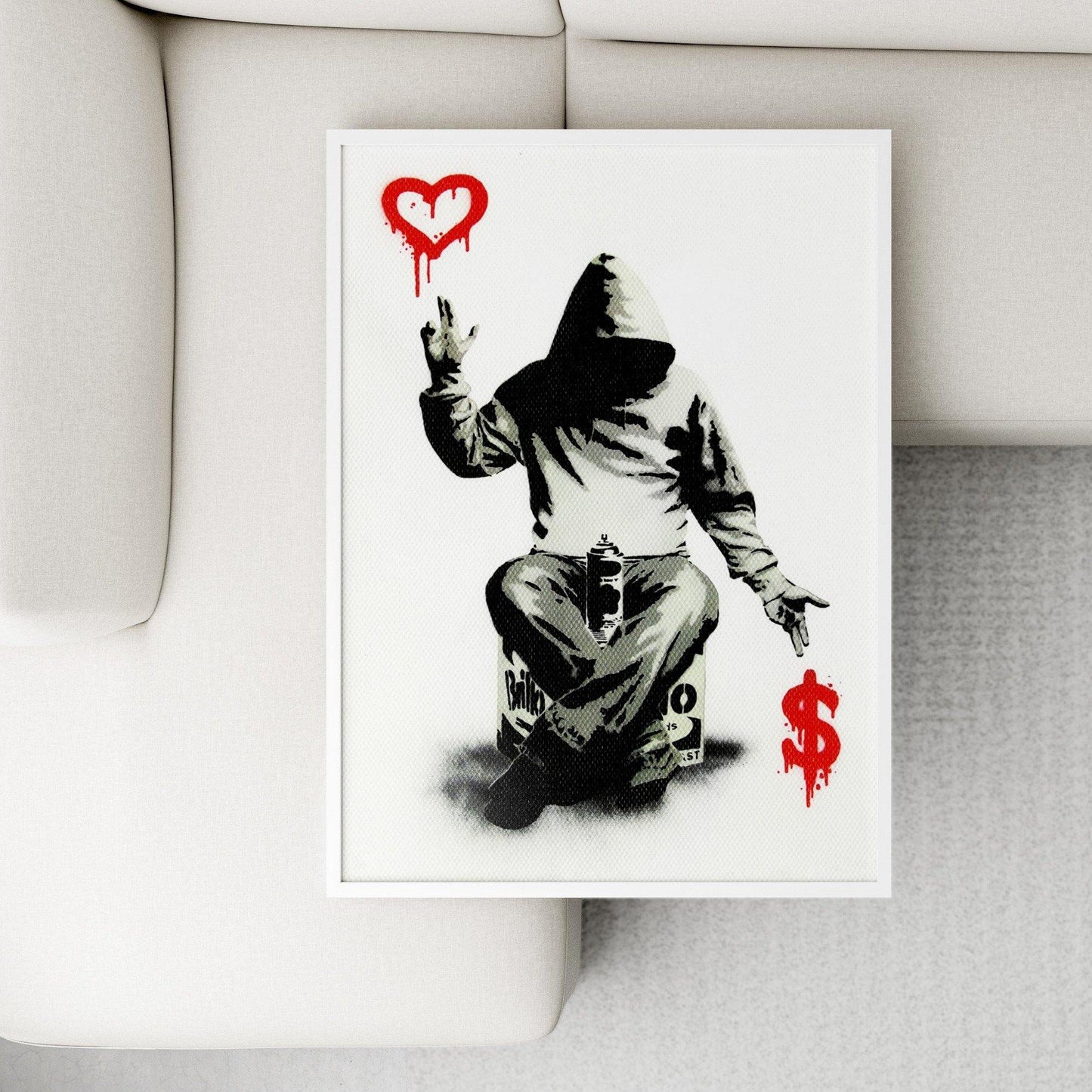 Money or love? This print is a perfect addition to your home. With a choice of either boy or girl, this print is a great way to show your love for art and for street art. Printed on high quality canvas, this print is sure to make a statement in any room. Boy Love or Money Wall Art - 98types