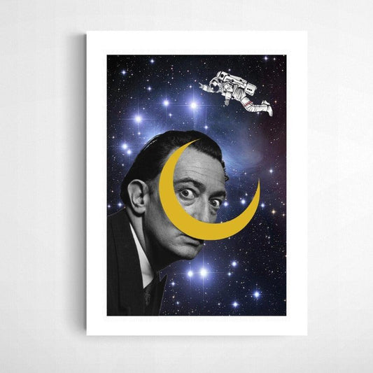 Graphic illustration of Salvador Dali on the moon. with a big yellow moustache next to the Astronauts