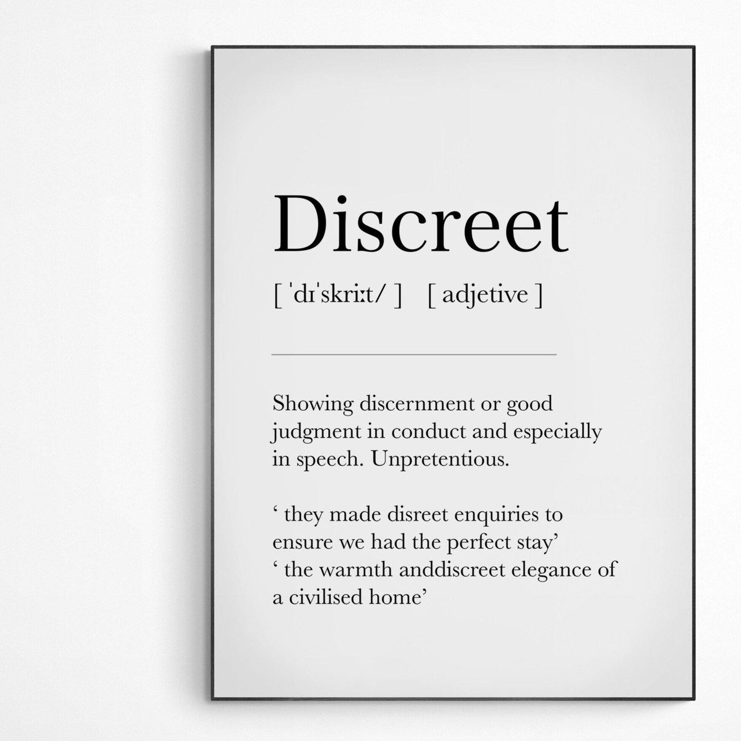 Discreet Definition Print | Dictionary Art Poster | Wall Home Decor Print | Funny Gifts Quote | Greeting Card | Variety Sizes - 98types