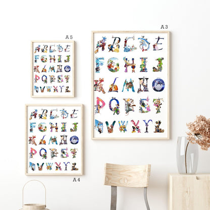Make your walls a wonderland with this Alphabet Disney Poster! From beloved characters like Mickey and Minnie to Simba from The Lion King, all of your favorite Disney heroes are here, ready to adorn your walls! Perfect for the Disney movie fan, this poster is an iconic collection of characters that will bring a magical touch to any room. Get it printed on demand, as a poster, wall mural, or fine art print – it’s sure to make you smile!