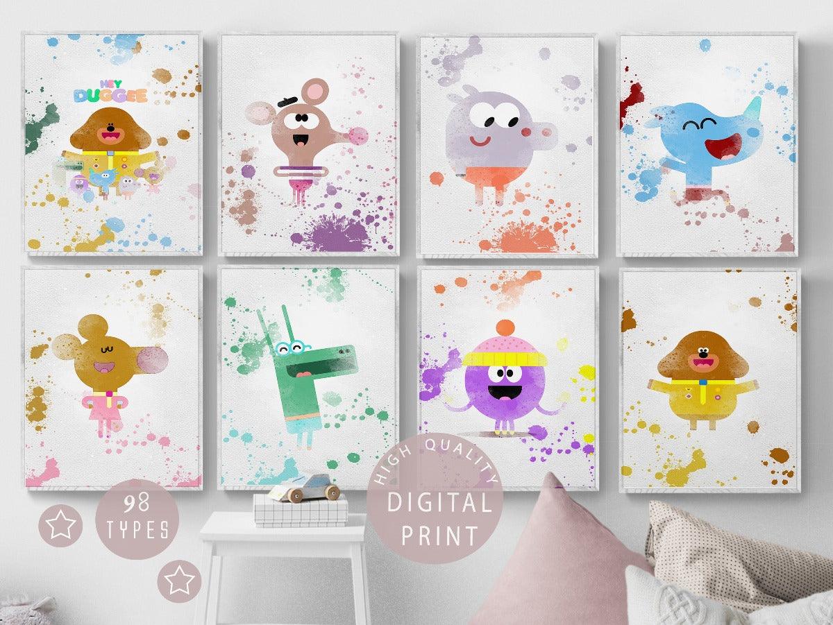 Duggee Set of 8 watercolour Printable Watercolour Print. Join Duggee, a big, lovable dog, as he runs the Squirrel Club, where children can earn badges for learning new skills. Warm-hearted preschool series. Each print has been designed by our graphic artist to provide a beautiful, rich watercolor effect print that can be used to brighten any space. Prints can be enlarged up to 30 x 40 cm (12 'x 16 ") if required and even printed on canvas.
