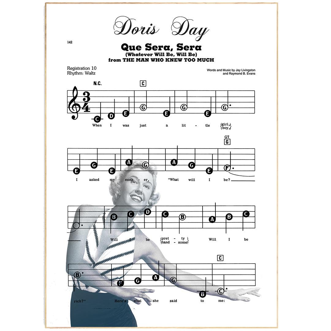 Doris Day - Que sera, sera Song Print | Song Music Sheet Notes Print Everyone has a favorite song especially Doris Day Print, and now you can show the score as printed staff. The personal favorite song sheet print shows the song chosen as the score. 