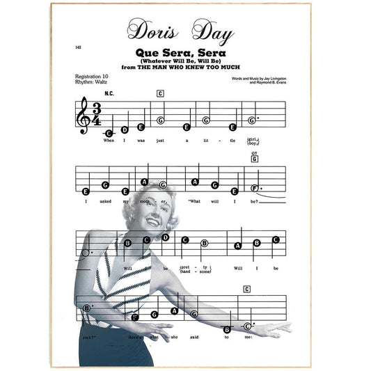 Doris Day - Que sera, sera Song Print | Song Music Sheet Notes Print Everyone has a favorite song especially Doris Day Print, and now you can show the score as printed staff. The personal favorite song sheet print shows the song chosen as the score. 