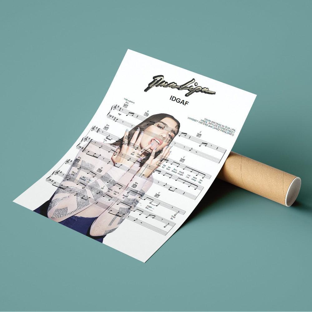 Dua Lipa - IDGAF Poster | Song Music Sheet Notes Print  Everyone has a favorite song and now you can show the score as printed staff. The personal favorite song sheet print shows the song chosen as the score.  Whether it's a happy memory song from when you were younger or the song you keep repeating all day, it would make a great gift for the person you admire and are close to you. It is an ideal gift for a music lover or musician.