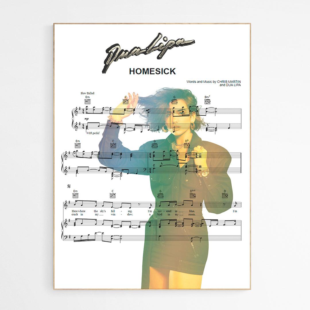 Dua Lipa - Homesick Poster | Song Music Sheet Notes Print  Everyone has a favorite song and now you can show the score as printed staff. The personal favorite song sheet print shows the song chosen as the score. 