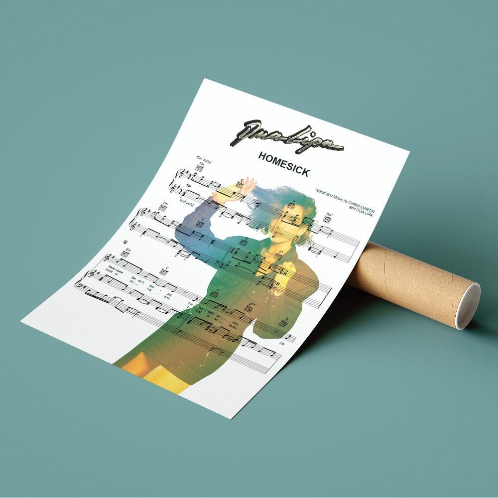 Dua Lipa - Homesick Poster | Song Music Sheet Notes Print  Everyone has a favorite song and now you can show the score as printed staff. The personal favorite song sheet print shows the song chosen as the score. 