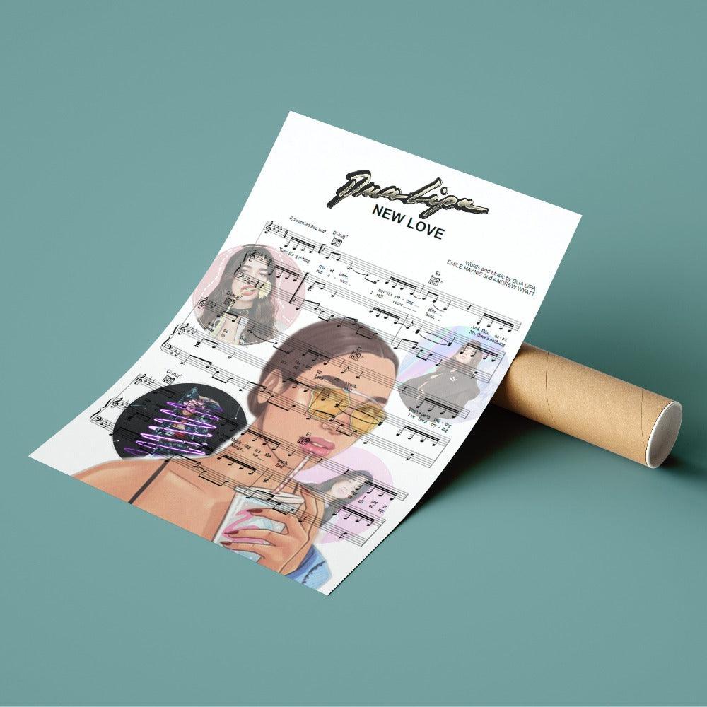Dua Lipa - New Love Poster | Song Music Sheet Notes Print  Everyone has a favorite song and now you can show the score as printed staff. The personal favorite song sheet print shows the song chosen as the score. 