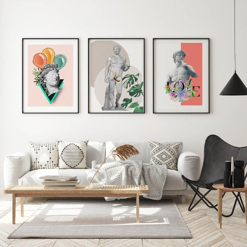 Graphic illustration of Art Basel Banana. Covering another banana. Pastel colors with a big Moskera plant trying to catch that manThis bold and colourful design is a perfect fit for the home of a maximalist.