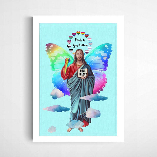 Graphic illustration of good in heaven supporting love. all love is love. colorful rainbow in a pretty butterfly. Elegant Pastel color in Background.