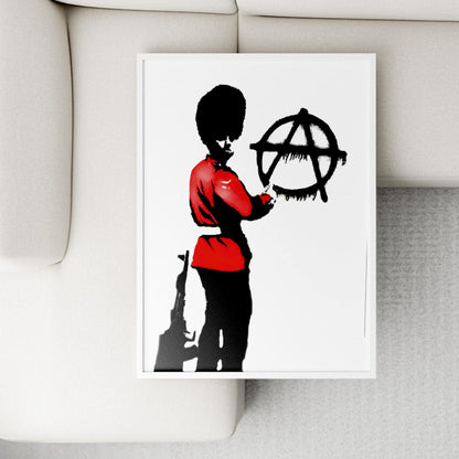 The vibrant work of street artist Banksy comes to life with this Queens Guard Pissing Poster. The iconic image is printed on high-quality paper, making it perfect for framing. This poster is sure to add some edge to any space. - 98types