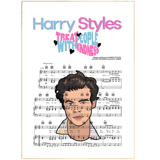 The perfect addition for any fan's bedroom or music room! This beautiful print from Harry Styles' first album is perfect for any fan of the singer. The lyrics "Treat People With Kindness" are perfect for reminding yourself and others to always be kind. The high quality print is perfect for framing and displaying in your home.