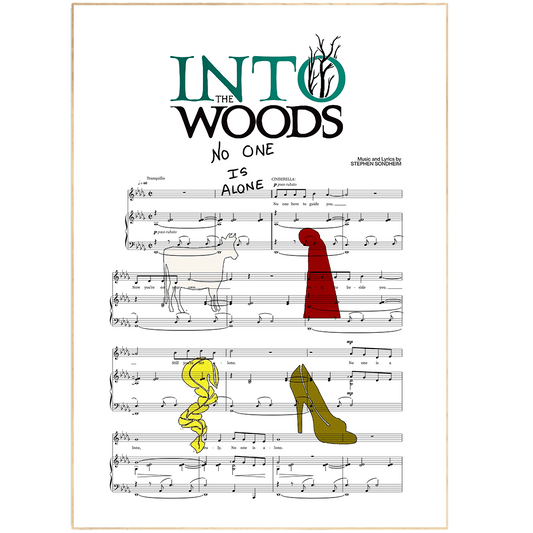 Make any room come alive with the striking and inspirational Into the Woods - NO ONE IS ALONE Poster. This beautiful music art poster combines favorite song lyrics with an original design to create a striking piece of art. With a choice of bold colors and designs, this will be an eye-catching addition to any bedroom or office wall. Perfect for adding a thoughtful personal touch, this is the ideal gift for music lovers and fans of the classic musical.