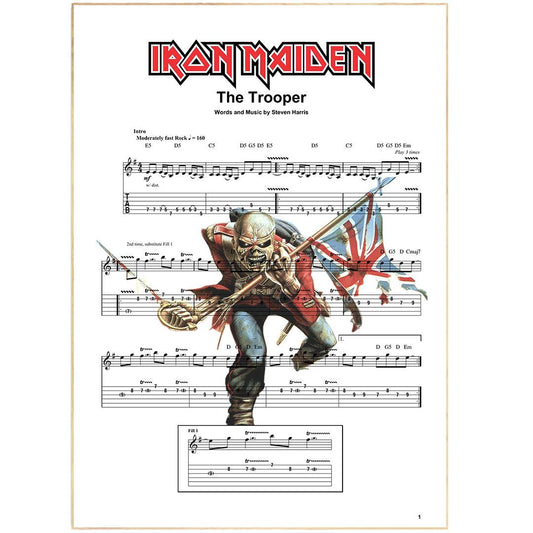 Iron Maiden - The Trooper Song Music Sheet Notes Print Everyone has a favorite Song lyric prints and with Iron Maiden now you can show the score as printed staff. The personal favorite song lyrics art shows the song chosen as the score.