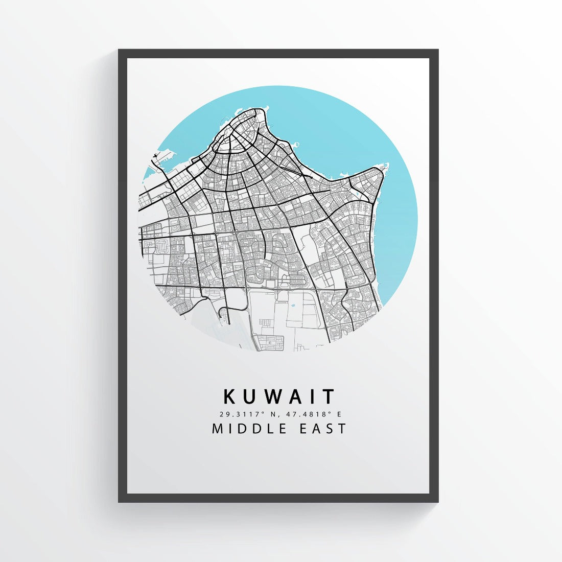Stay curious and explore new places with this intricately designed map print. This map print is a stunning addition to any room. Showcase your love for travel and wanderlust with this detailed print of Kuwait City. With its bold and beautiful design, this print is the perfect way to remember your travels and explore new destinations.