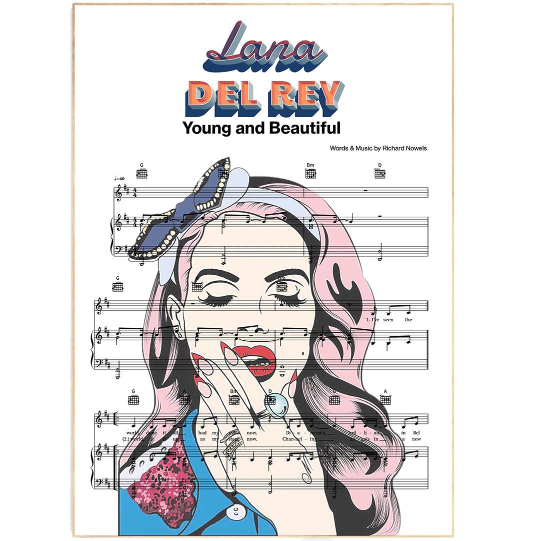 Lana del Rey - Young and beautiful Song Print | Song Music Sheet Notes Print Everyone has a favorite song especially Lana del Rey Print, and now you can show the score as printed staff. The personal favorite song sheet print shows the song chosen as the score. 