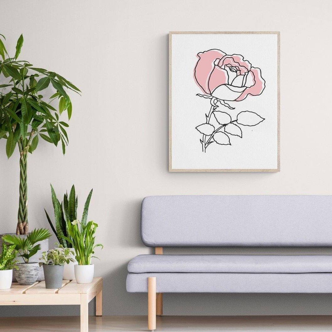 Pink flower Line Art Print | Contemporary Minimal Wall Decor | Scandi Design Style