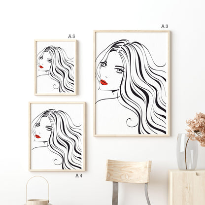 Woman with Long Hair Line Art Print | Contemporary Minimal Wall Decor | Scandi Design Style