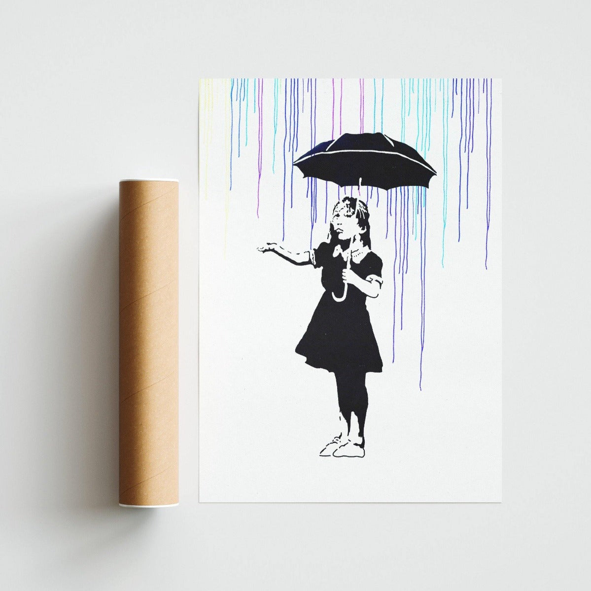Add some edge to your walls with this Banksy street art print. Painted in 2002, "Girl With Umbrella" is one of Banksy's most popular works. Depicting a young girl shielding herself from the rain, this print is a must-have for any street art enthusiast. Perfect for any room, this print is a great way to add some personality to your space. - 98types