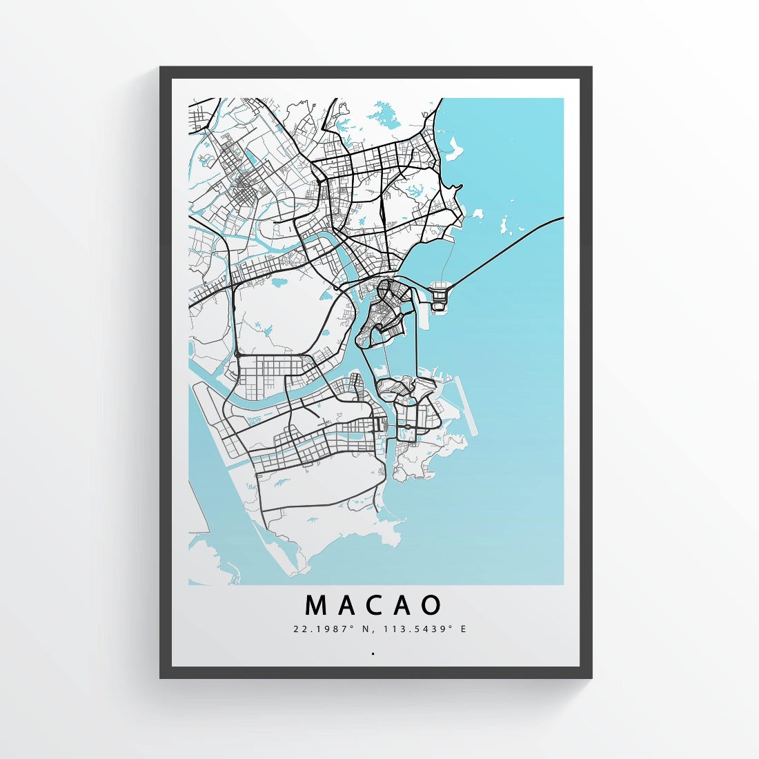 Plan your next getaway with this stylish map print. Wanderlust-inducing and geographically captivating, this map print of Macao City is perfect for the jetsetter and travel enthusiast. With a sleek and modern esthetic, this print is a great way to show off your love for far-off destinations. Add a touch of wanderlust to your walls with this captivating map print.