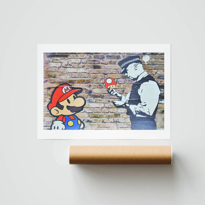 The famous street artist Banksy takes on the Mushroom Kingdom. Graffiti art fans will love this playful and provocative piece from Banksy. Depicting the iconic video game character Mario being arrested by police, this print is perfect for gamers and street art enthusiasts alike. This high-quality art print is a must-have for any Banksy fan or street art lover. - 98types