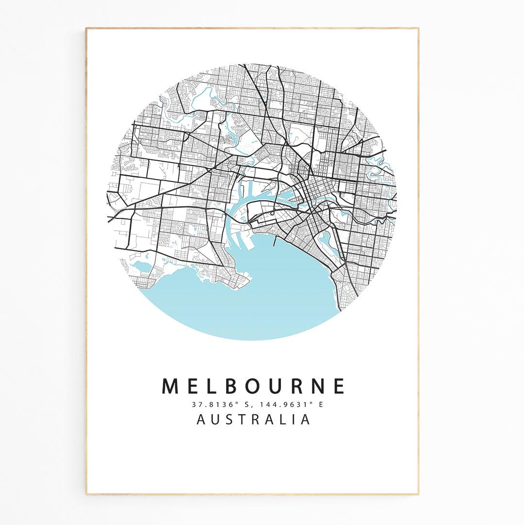MELBOURNE AUSTRALIA. CITY MAP OF MELBOURNE AND ITS ENVIRONS IN BLACK AND WHITE and Blue.