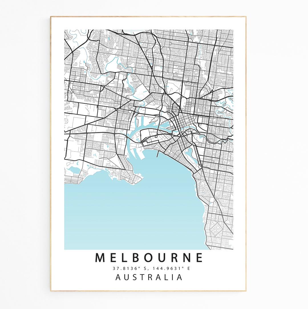 MELBOURNE AUSTRALIA. CITY MAP OF MELBOURNE AND ITS ENVIRONS IN BLACK AND WHITE and Blue.