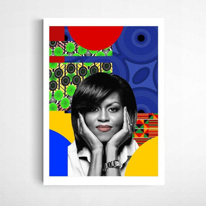 Graphic illustration of  African Fabric First Lady Queen Michelle Obama, one the most influential Strong Woman. Black History Heroes, Kings and Queens Special Edition with colourful African patterns in the background.