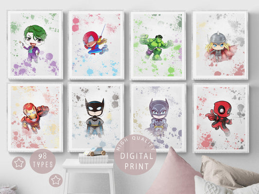 Set of 8 Mini Superheroes PRINTABLE Poster - 98types