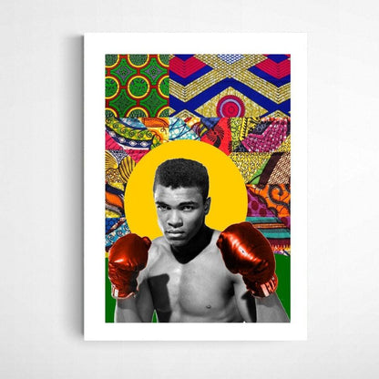 Graphic illustration of Muhammad Ali Print, Stunning African Fabric Collage Boxing Art poster, one the most influential Strong American professional boxer.