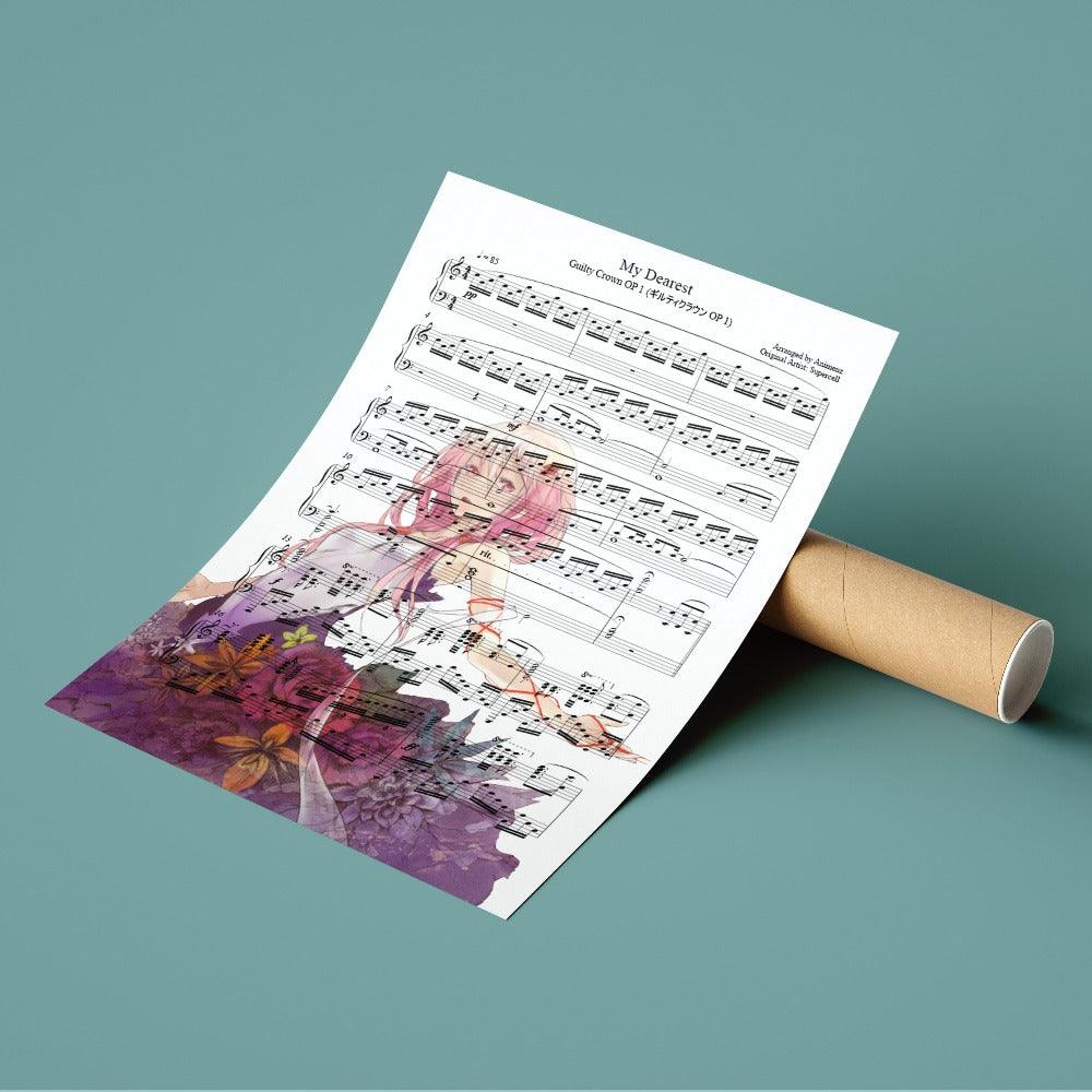 Guilty Crown - My Dearest Poster | Song Music Sheet Notes Print  Everyone has a favorite song and now you can show the score as printed staff. The personal favorite song sheet print shows the song chosen as the score. 