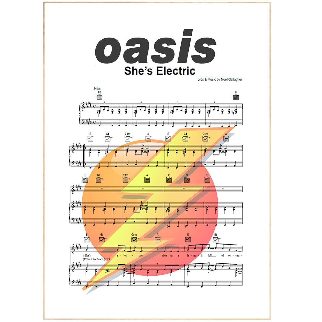 Oasis • She's Electric Song Lyric Print | Song Music Sheet Notes Print  Everyone has a favorite song and now you can show the score as printed staff. The personal favorite song sheet print shows the song chosen as the score. 