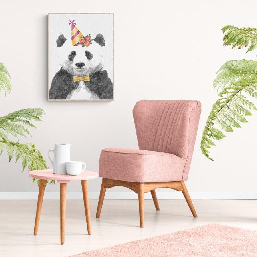 Graphic illustration of a cute little bear that is celebrating its birthday. This bold and colourful design is a perfect fit for the home of a maximalist wall Art decor.