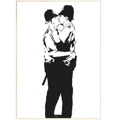 This isn't your average art print.Featuring the street artist Bansky, this poster is a must-have for all Banksy fans. Depicting a police officer kissing a young boy, the message is both powerful and poignant.This print would be perfect for any art lover or street art enthusiast. With its unique and striking style, it's sure to make a statement in any room.Add a touch of art and culture to your home with this exclusive Banksy print.